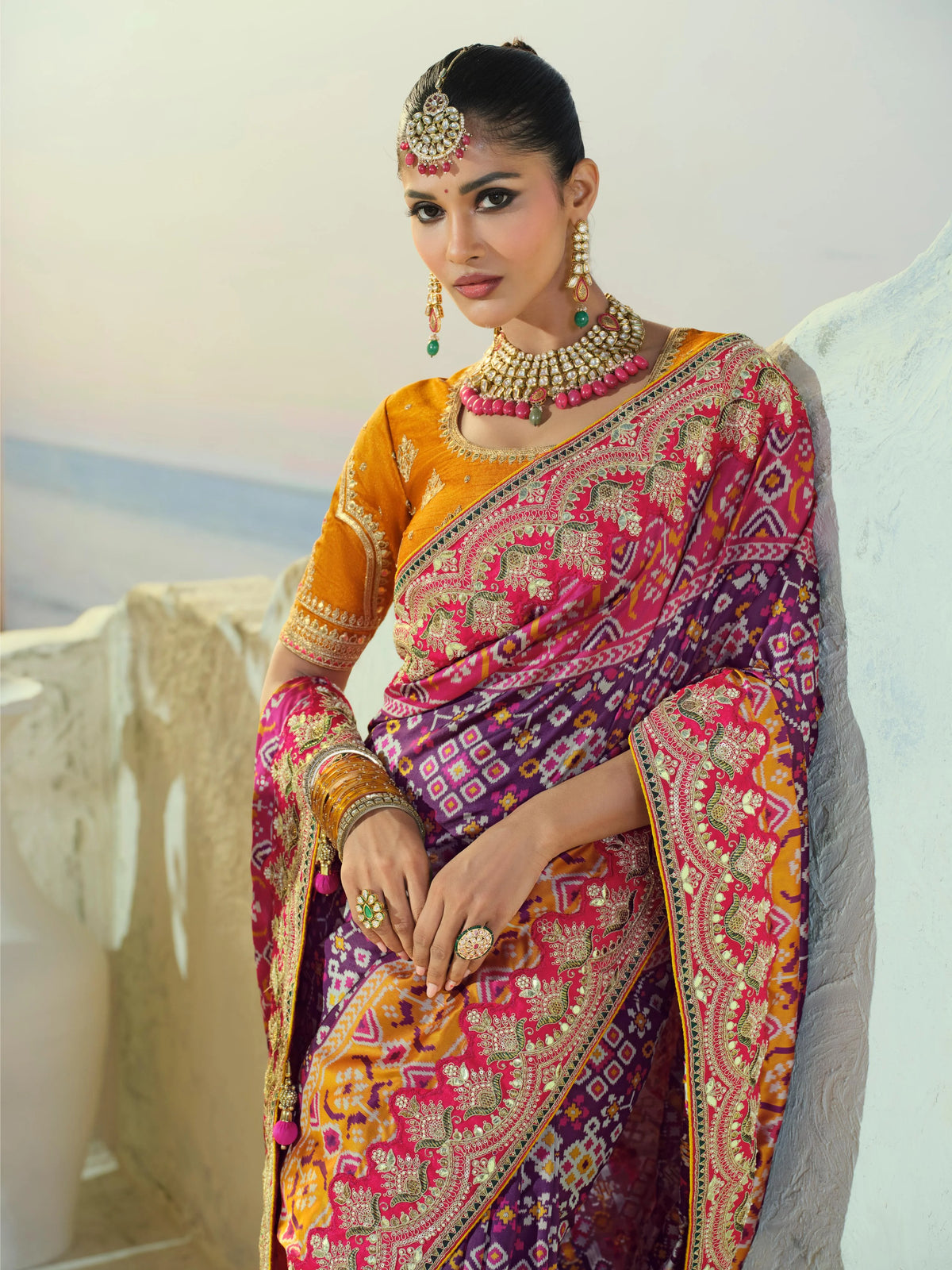 Silk Patan Patola Purple Party Wear Moti Work Sarees