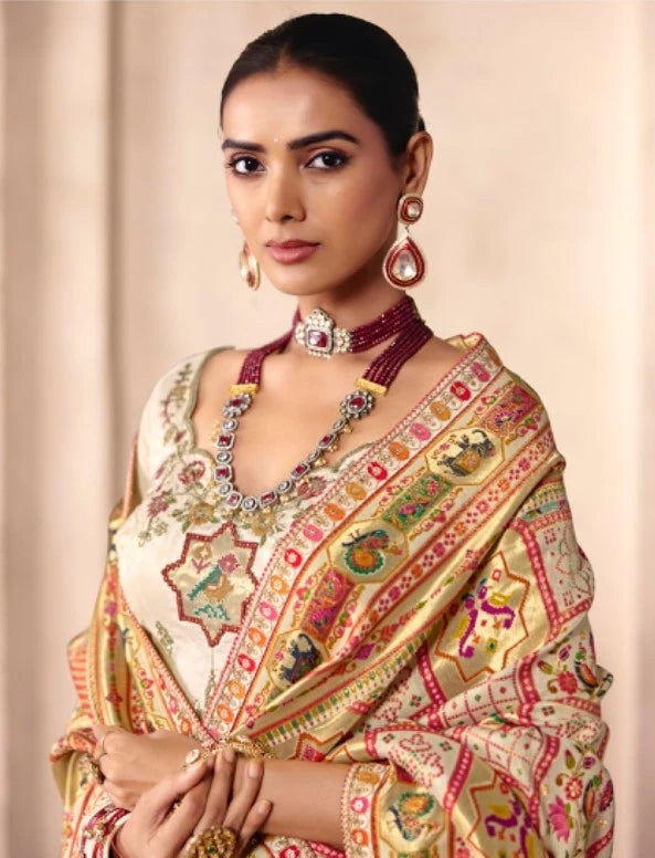 Dola Zari Silk Position Print Cream Party Wear Thread Work Sarees