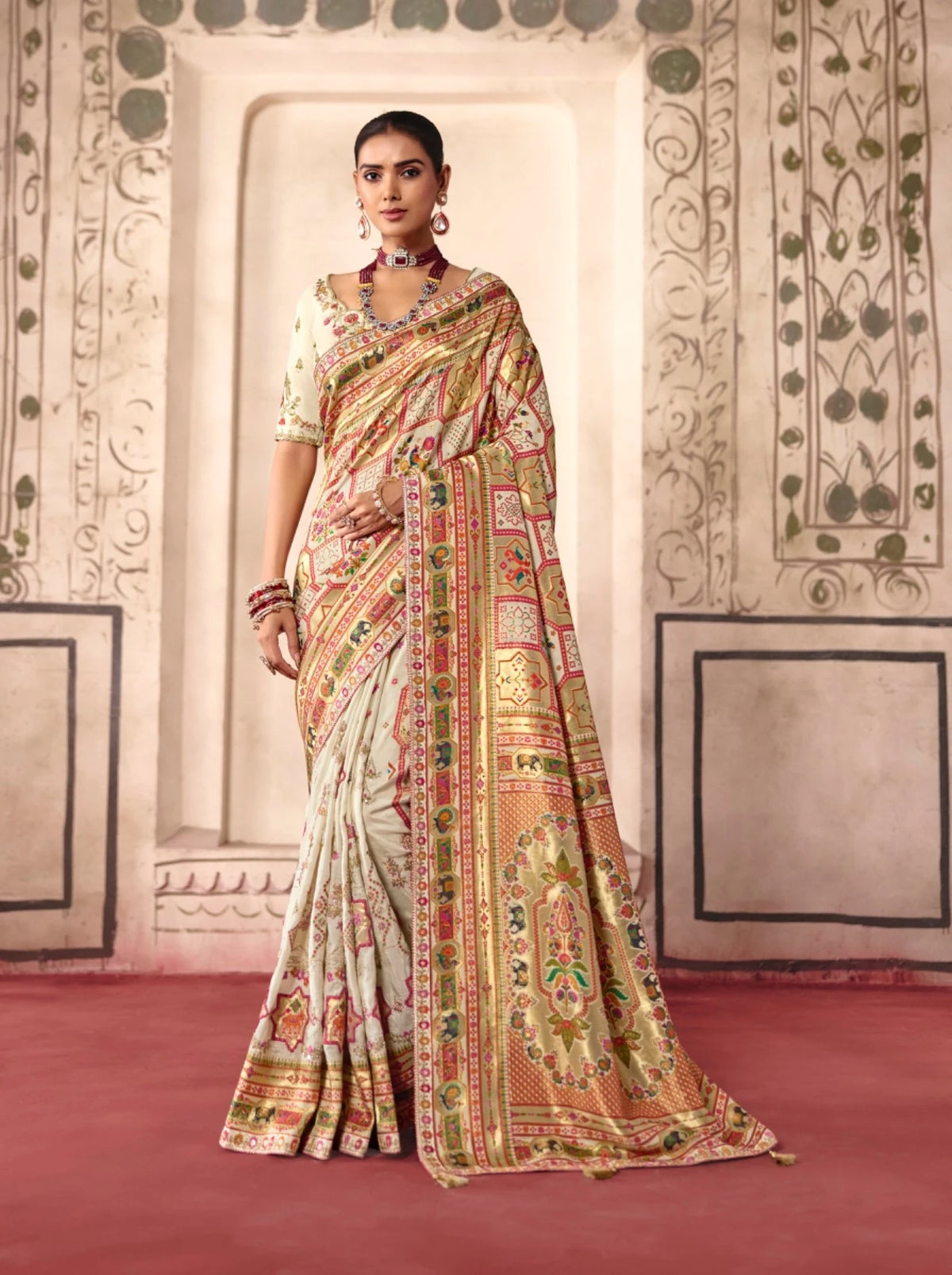 Dola Zari Silk Position Print Cream Party Wear Thread Work Sarees