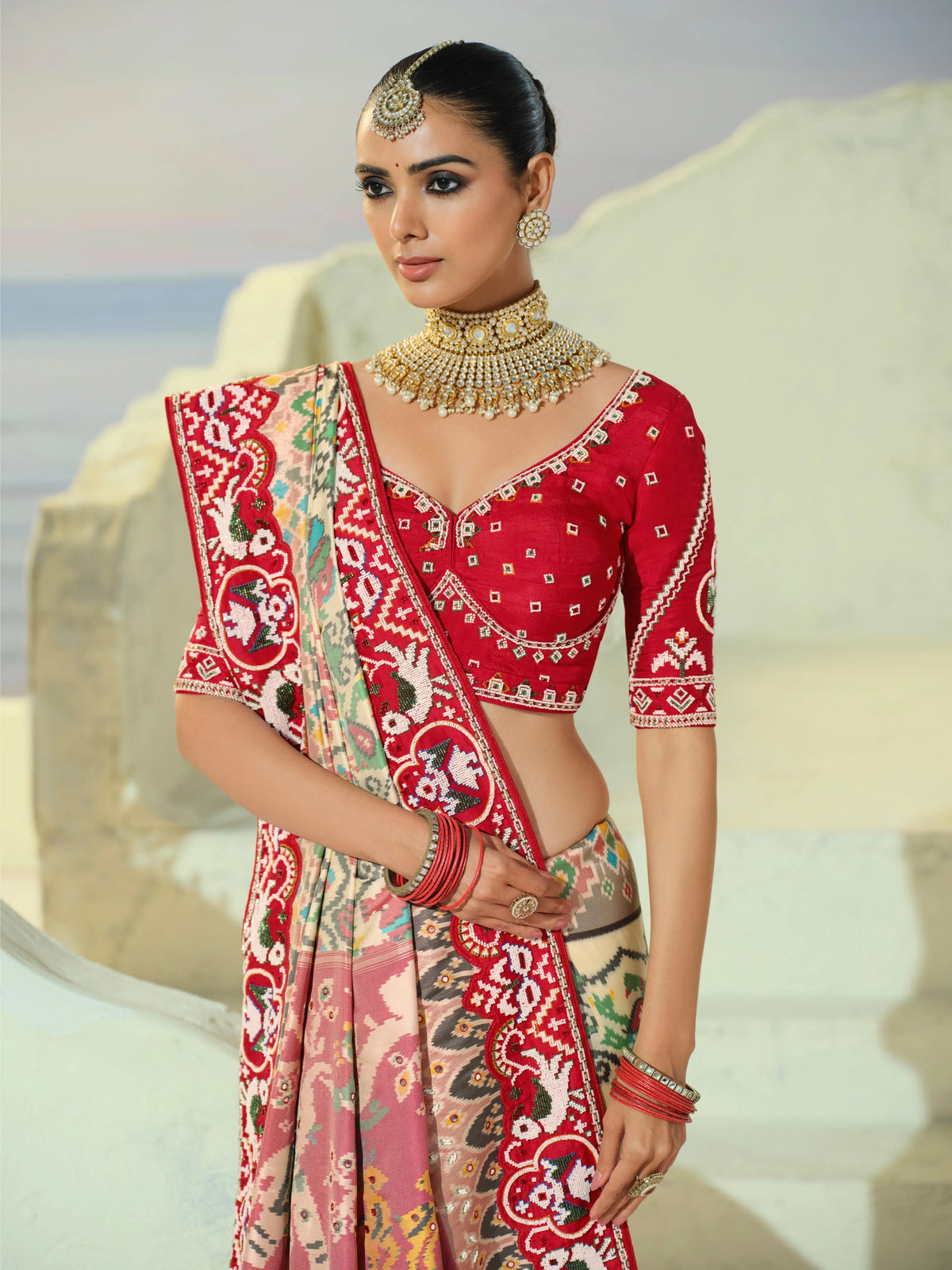 Silk Patan Patola Beige Party Wear Moti Work Sarees
