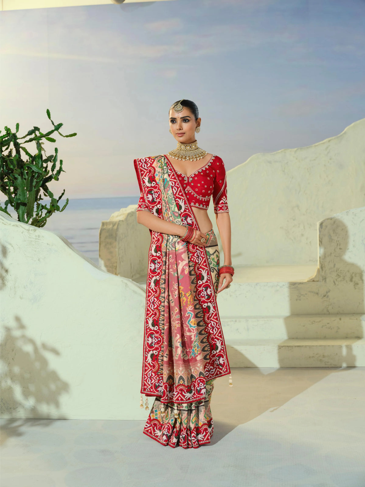 Silk Patan Patola Beige Party Wear Moti Work Sarees