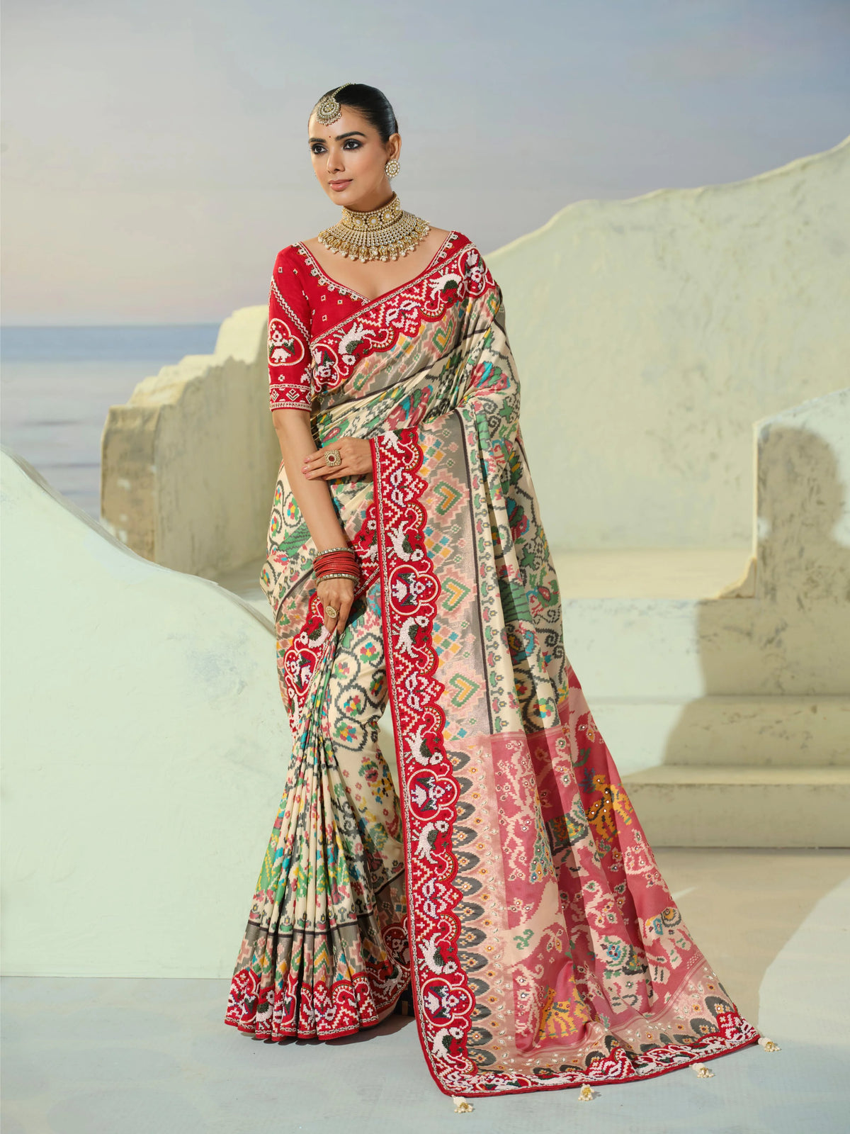 Silk Patan Patola Beige Party Wear Moti Work Sarees