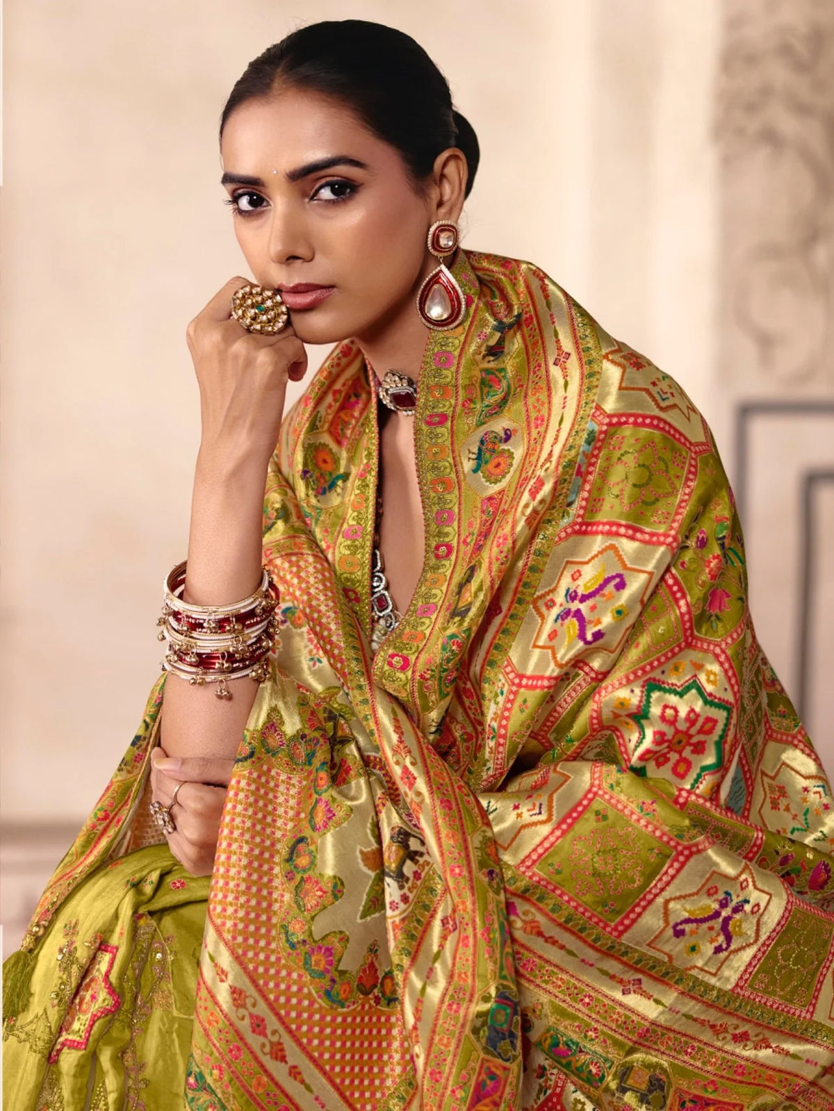 Dola Zari Silk Position Pattern Mehendi Party Wear Thread Work Sarees