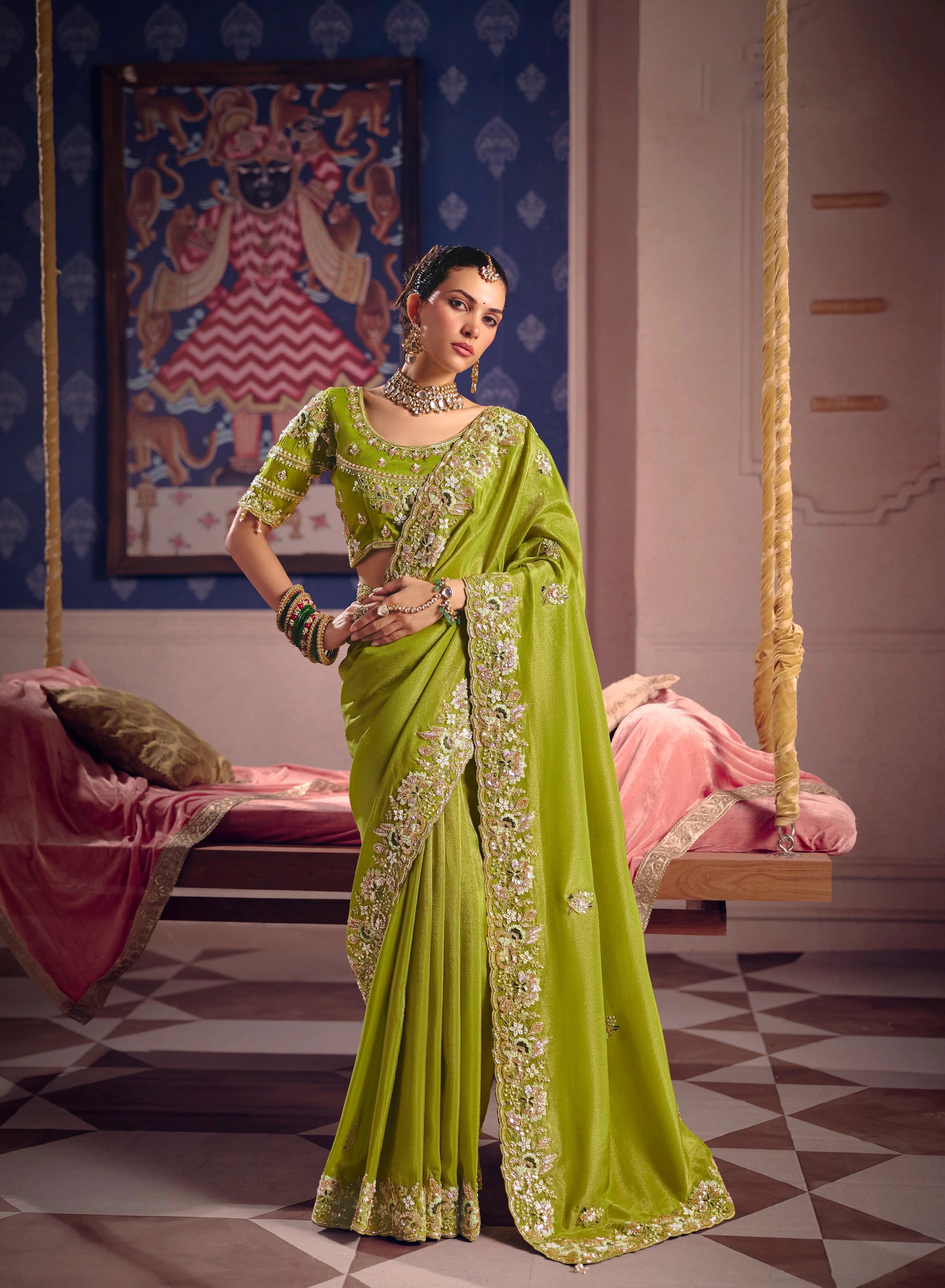 Viscose Zari Tissue Party Wear With Beads Work