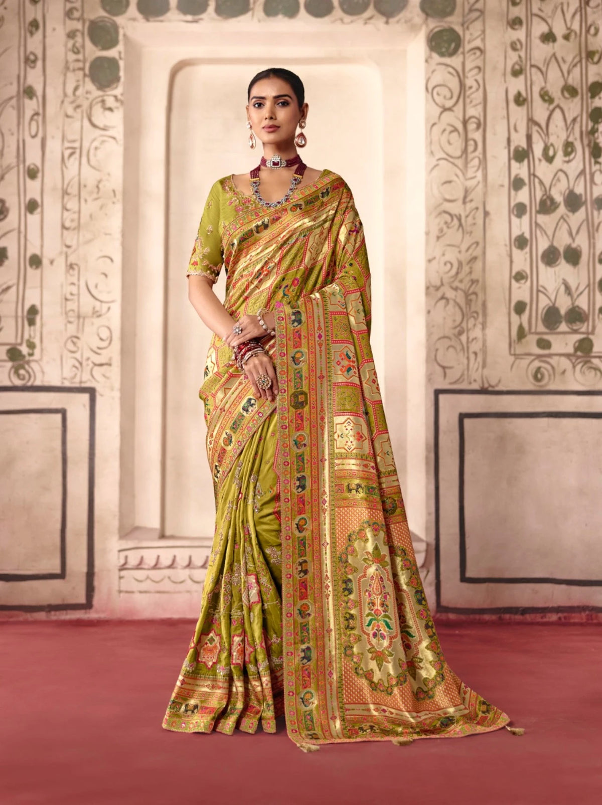 Dola Zari Silk Position Pattern Mehendi Party Wear Thread Work Sarees