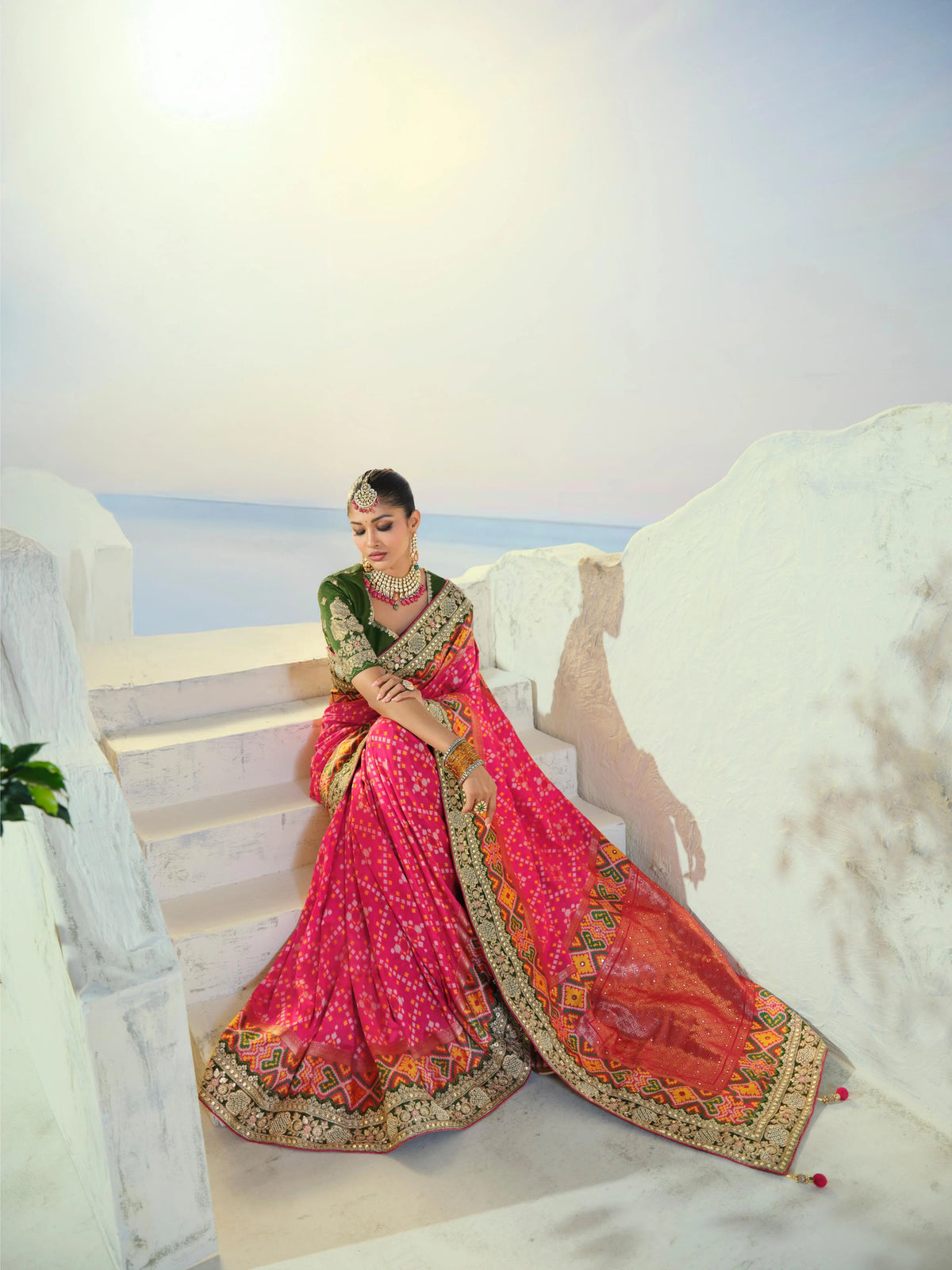 Silk Patan Patola Rani Pink Party Wear Cutdana Work Sarees