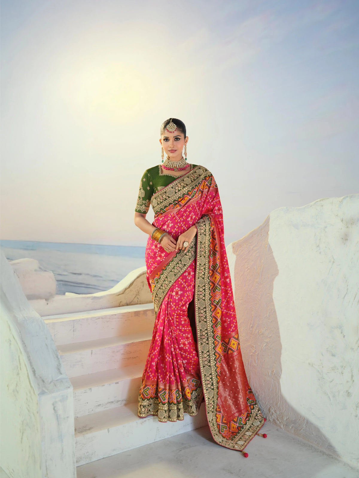 Silk Patan Patola Rani Pink Party Wear Cutdana Work Sarees
