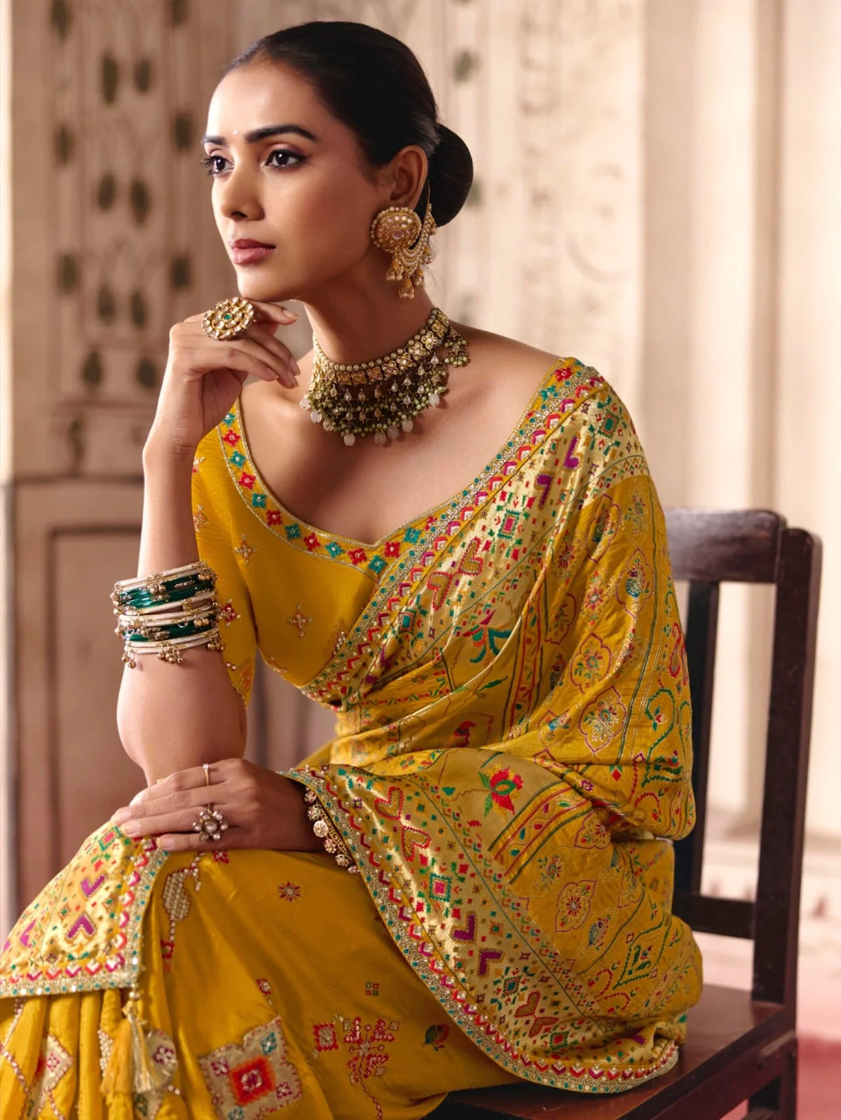 Dola Zari Silk Position Pattern Yellow Party Wear Thread Work Sarees
