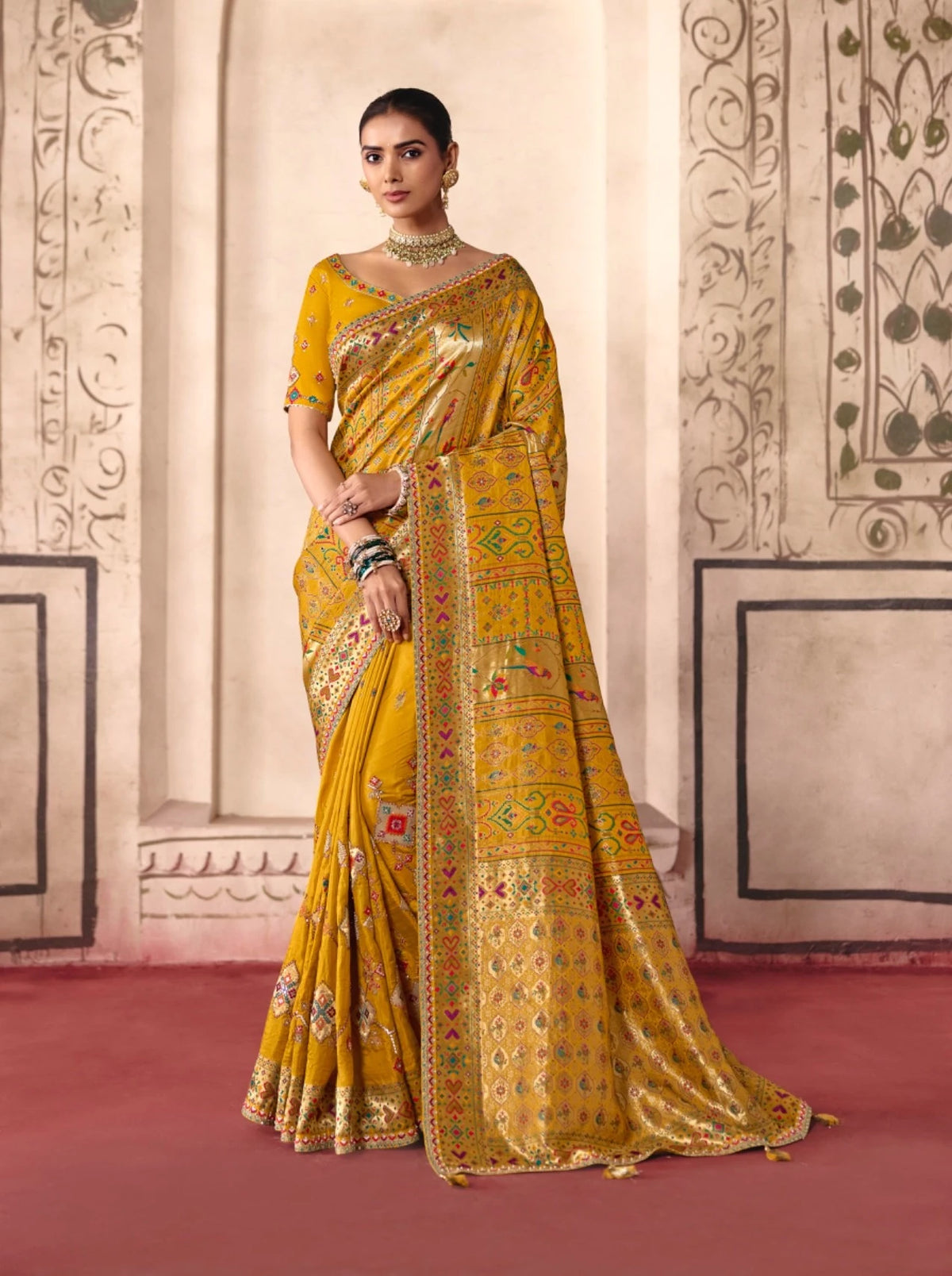 Dola Zari Silk Position Pattern Yellow Party Wear Thread Work Sarees