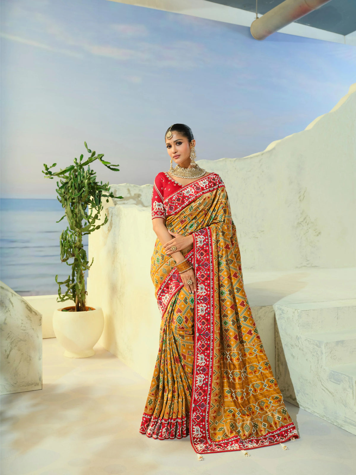 Silk Patan Patola Brown Party Wear Beads Work Sarees