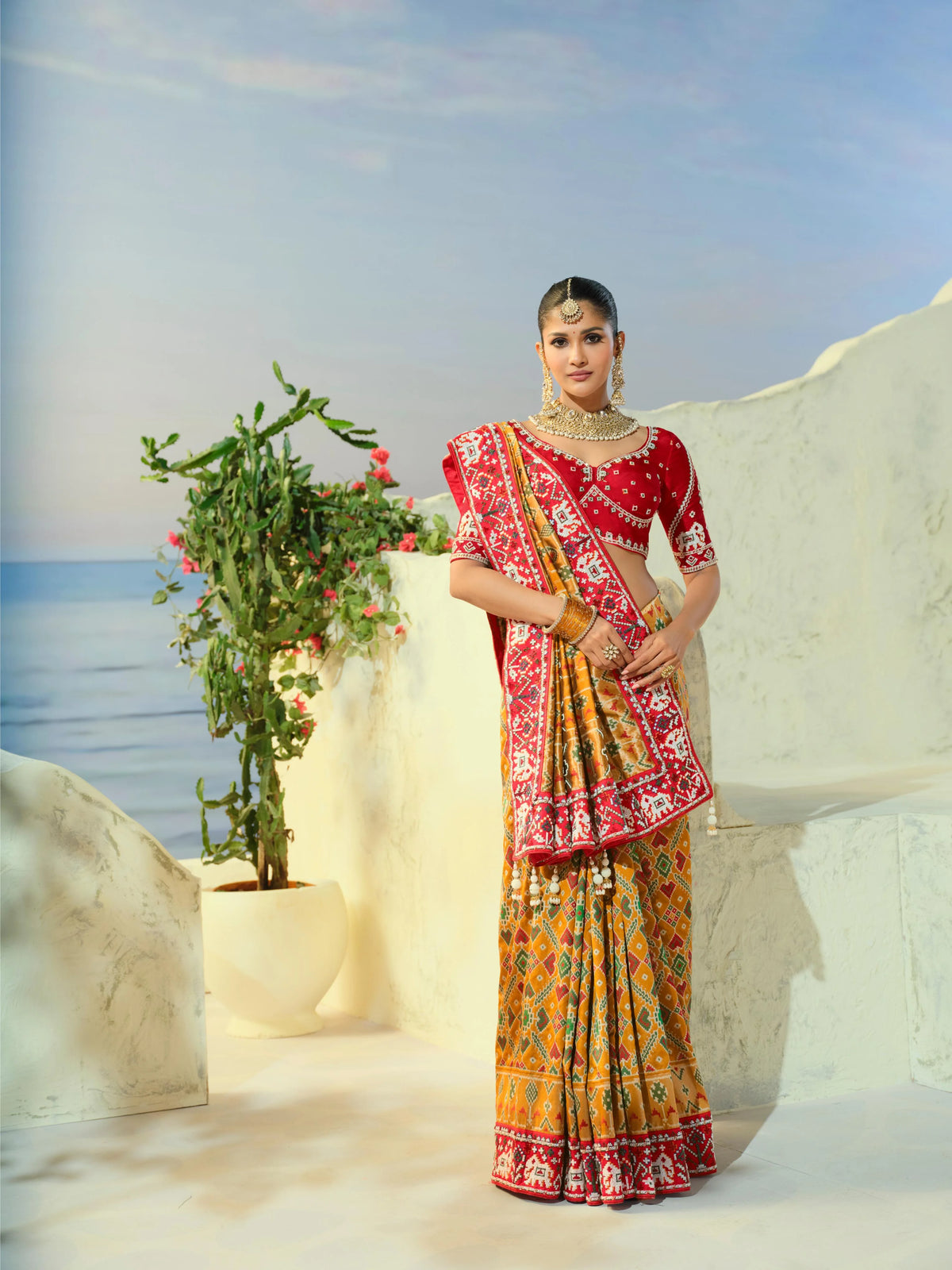 Silk Patan Patola Brown Party Wear Beads Work Sarees