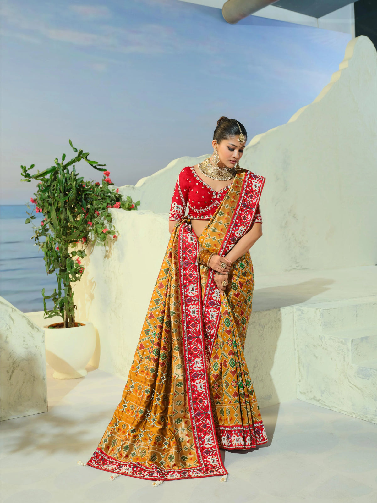 Silk Patan Patola Brown Party Wear Beads Work Sarees