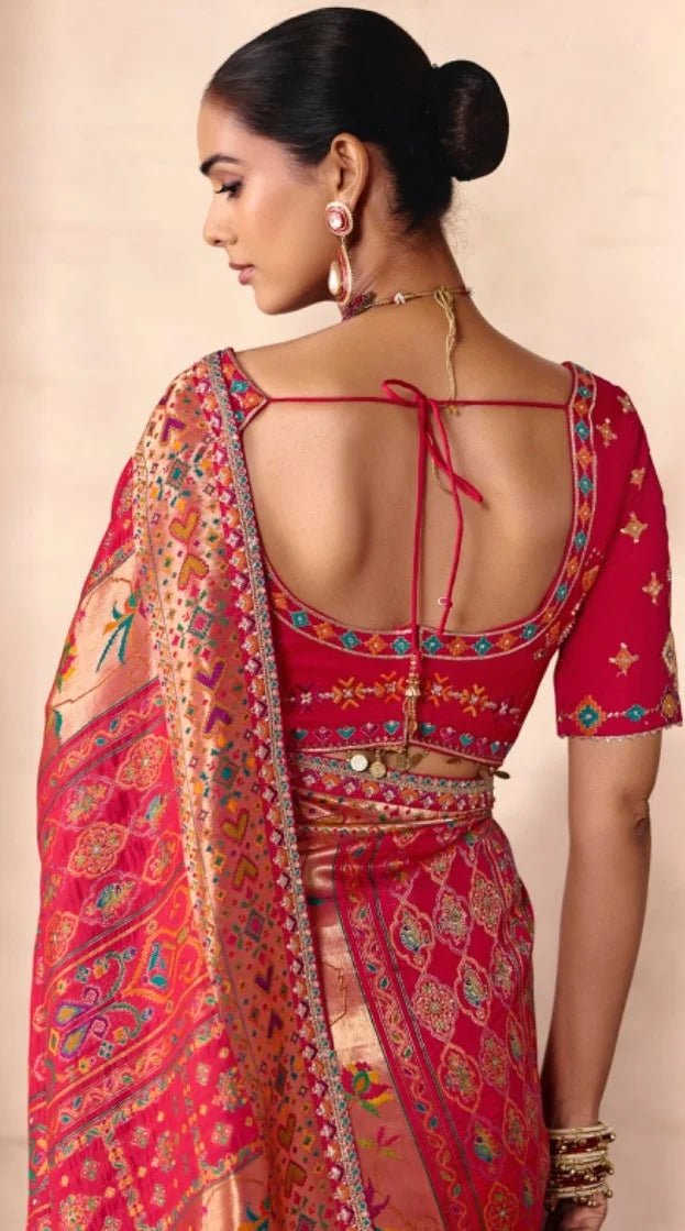 Dola Zari Silk Position Print Red Party Wear Thread Work Sarees