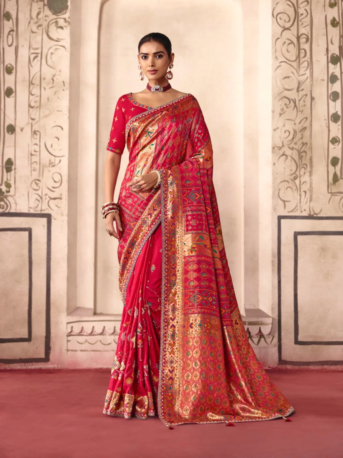 Dola Zari Silk Position Print Red Party Wear Thread Work Sarees