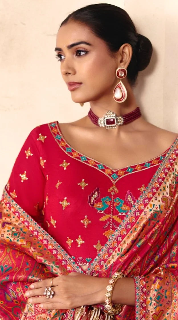 Dola Zari Silk Position Print Red Party Wear Thread Work Sarees