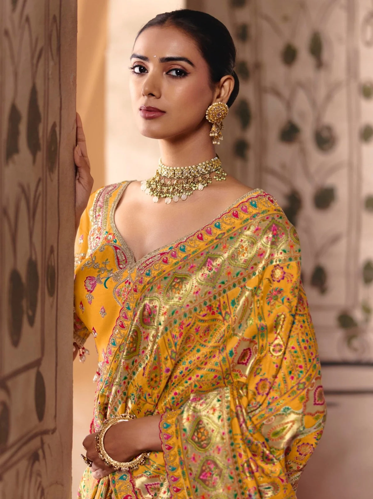 Dola Zari Silk Position Print Mustard Party Wear Thread Work Sarees