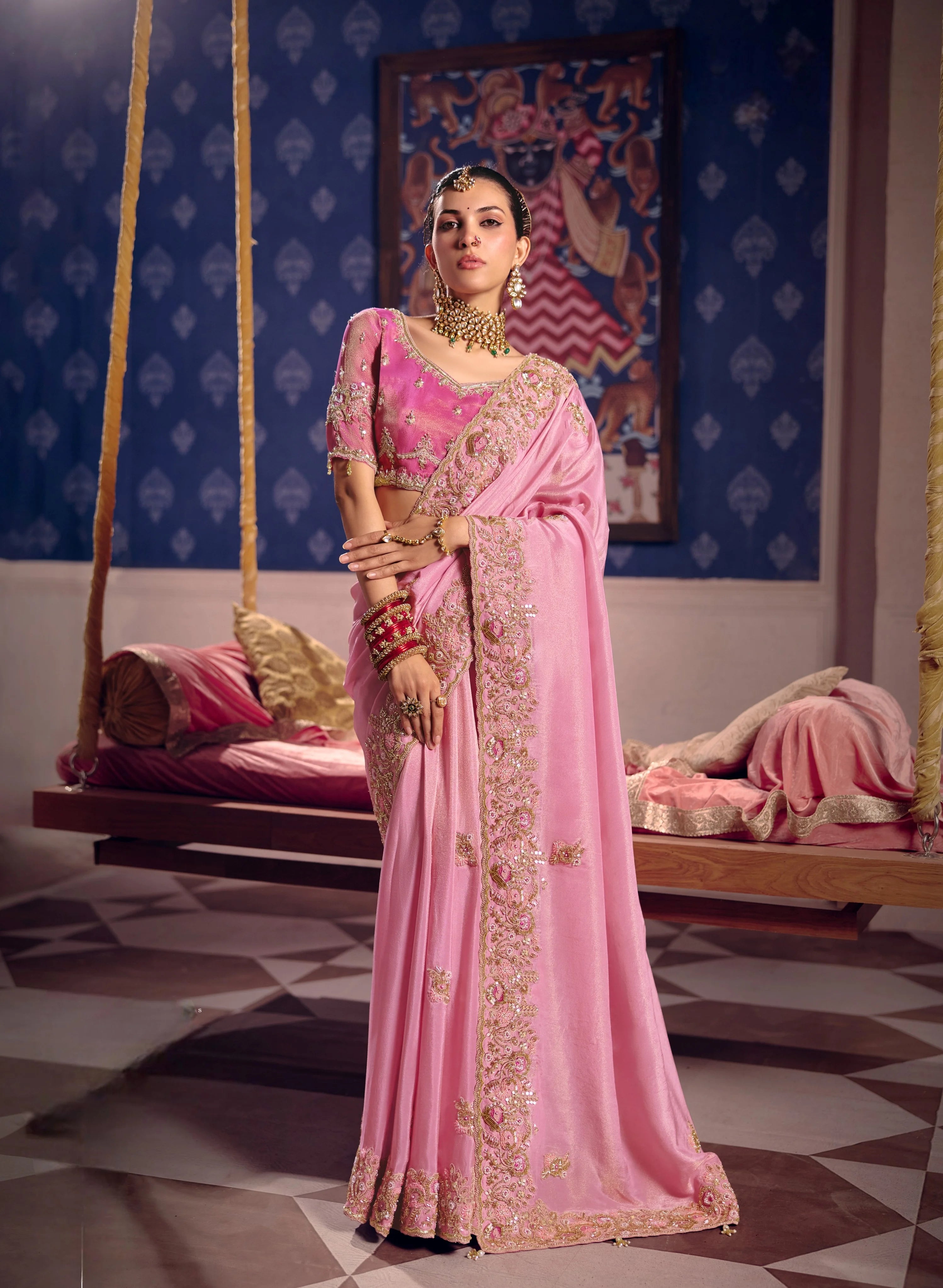 Viscose Zari Tissue Party Wear With Beads Work