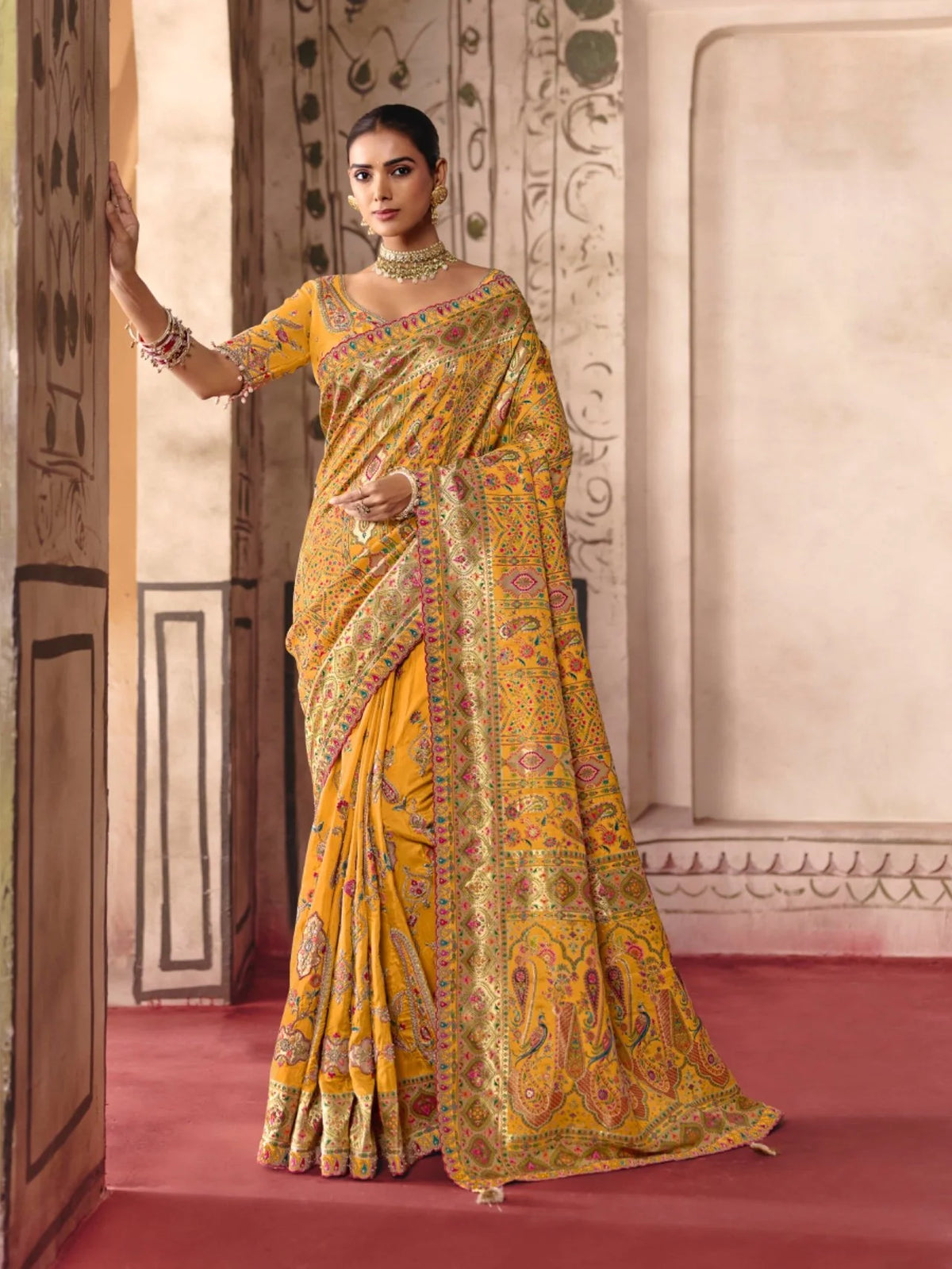 Dola Zari Silk Position Print Mustard Party Wear Thread Work Sarees