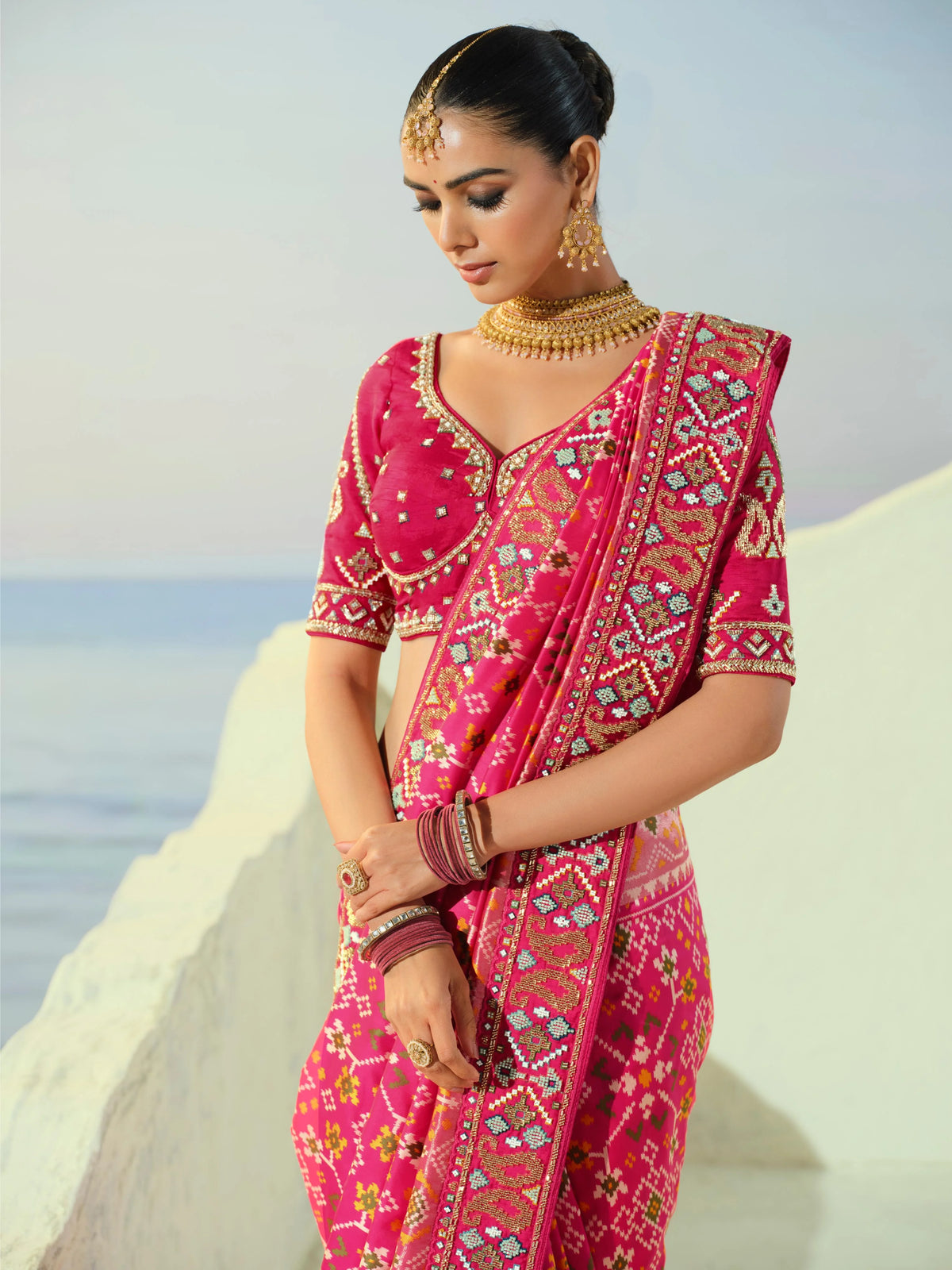 Silk Patan Patola Rani Pink Festive Wear Beads Work Sarees
