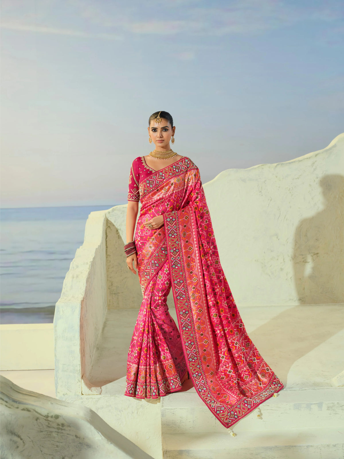 Silk Patan Patola Rani Pink Festive Wear Beads Work Sarees