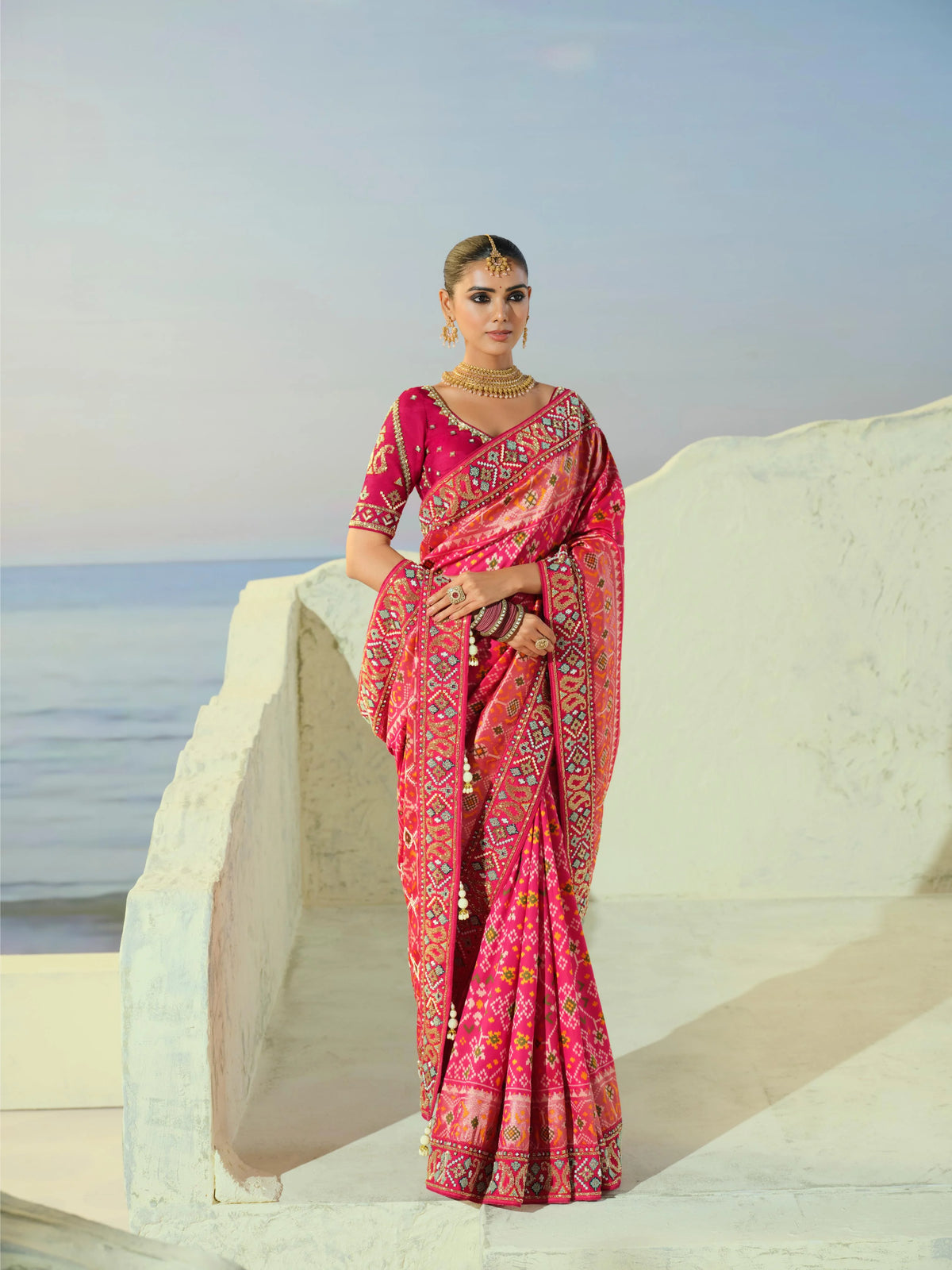Silk Patan Patola Rani Pink Festive Wear Beads Work Sarees
