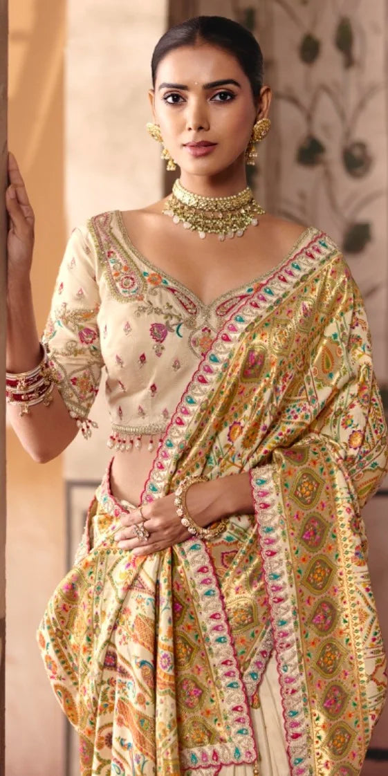 Dola Zari Silk Cream Festival Wear Position Work Sarees