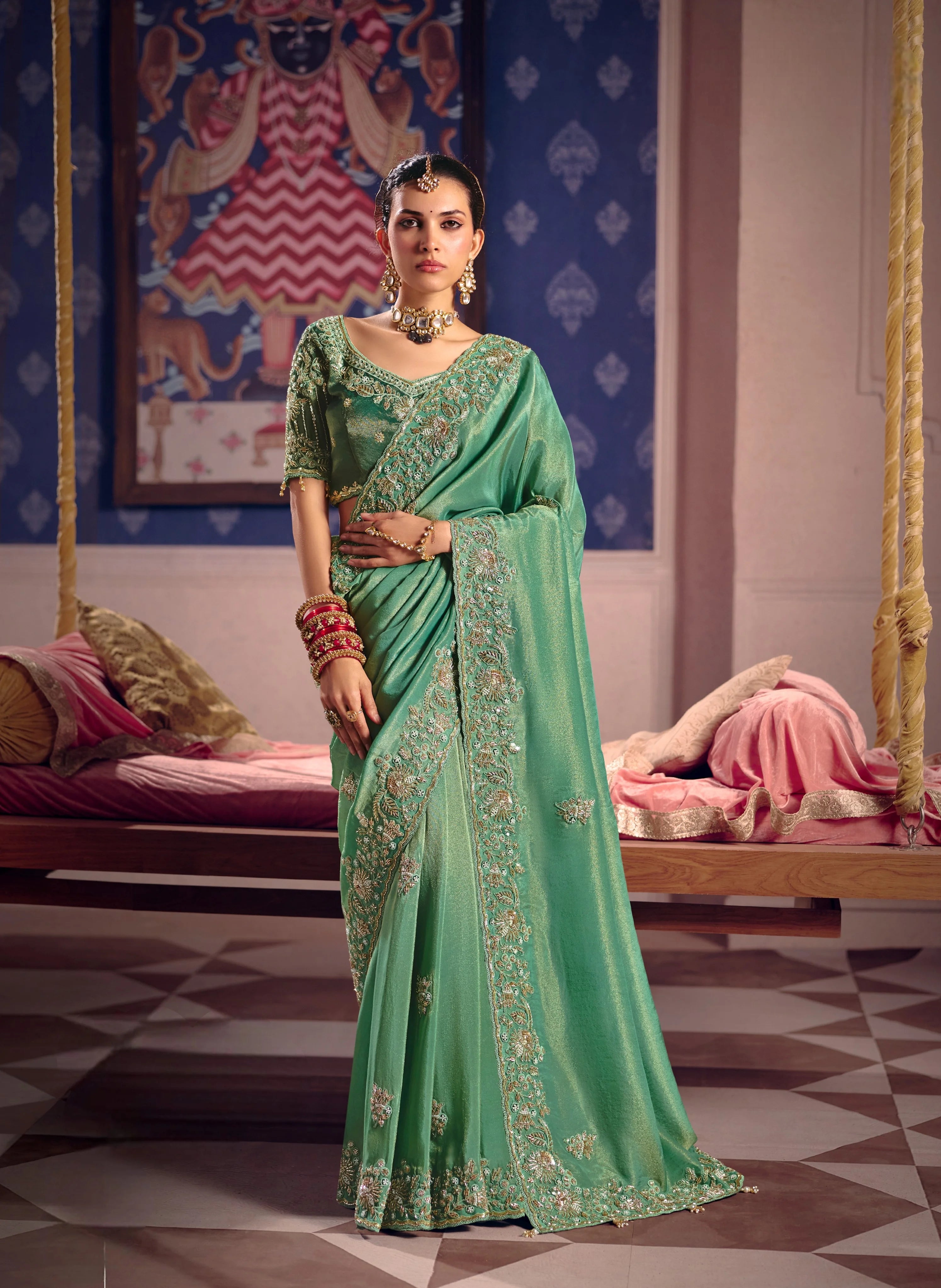 Viscose Zari Tissue Party Wear Green With Beads Work