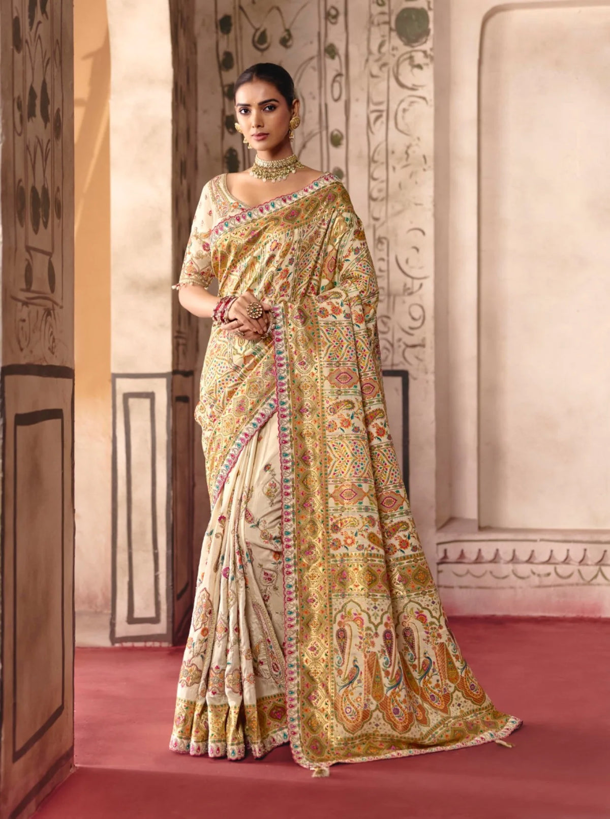 Dola Zari Silk Cream Festival Wear Position Work Sarees