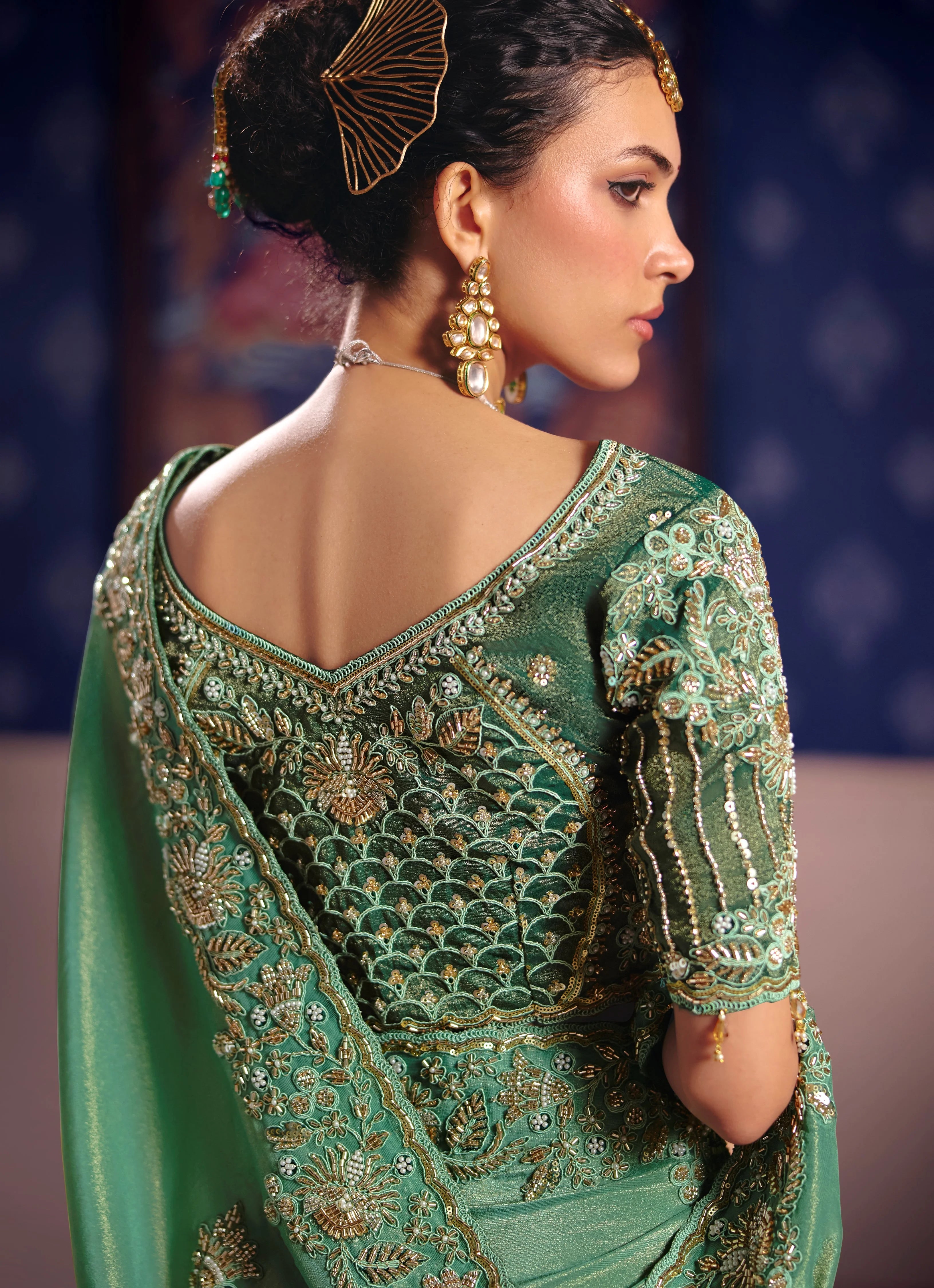 Viscose Zari Tissue Party Wear Green With Beads Work