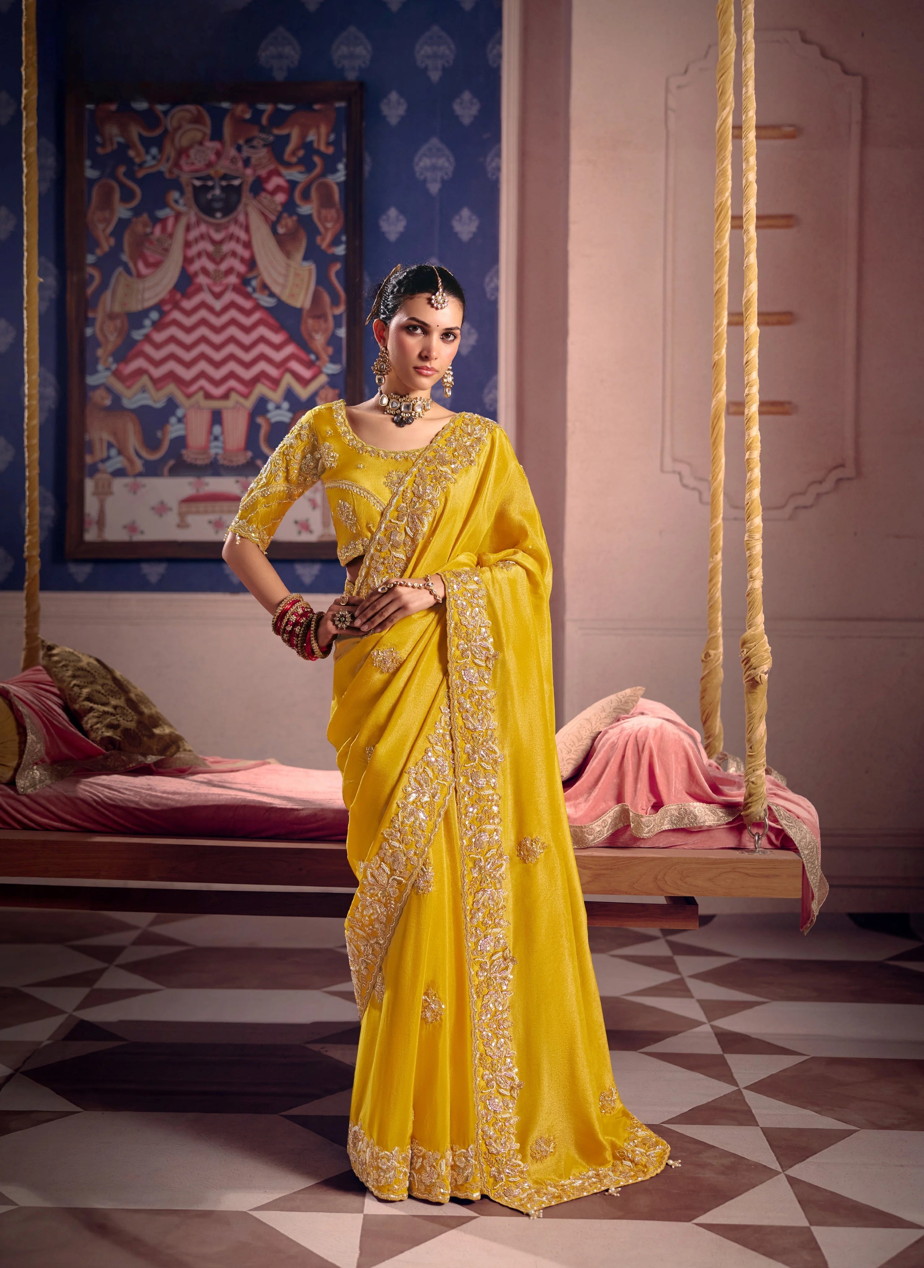 Viscose Zari Tissue Party Wear With Beads Work