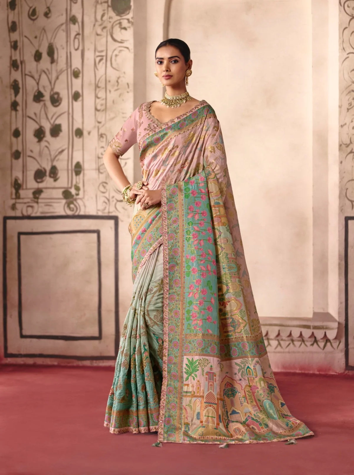 Dola Zari Silk Pink Festival Wear Position Print Sarees