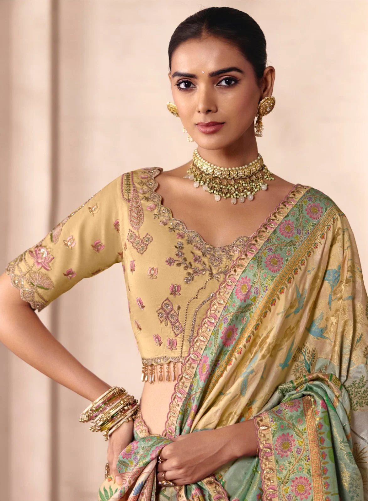 Dola Zari Silk Beige Festival Wear Position Print Sarees