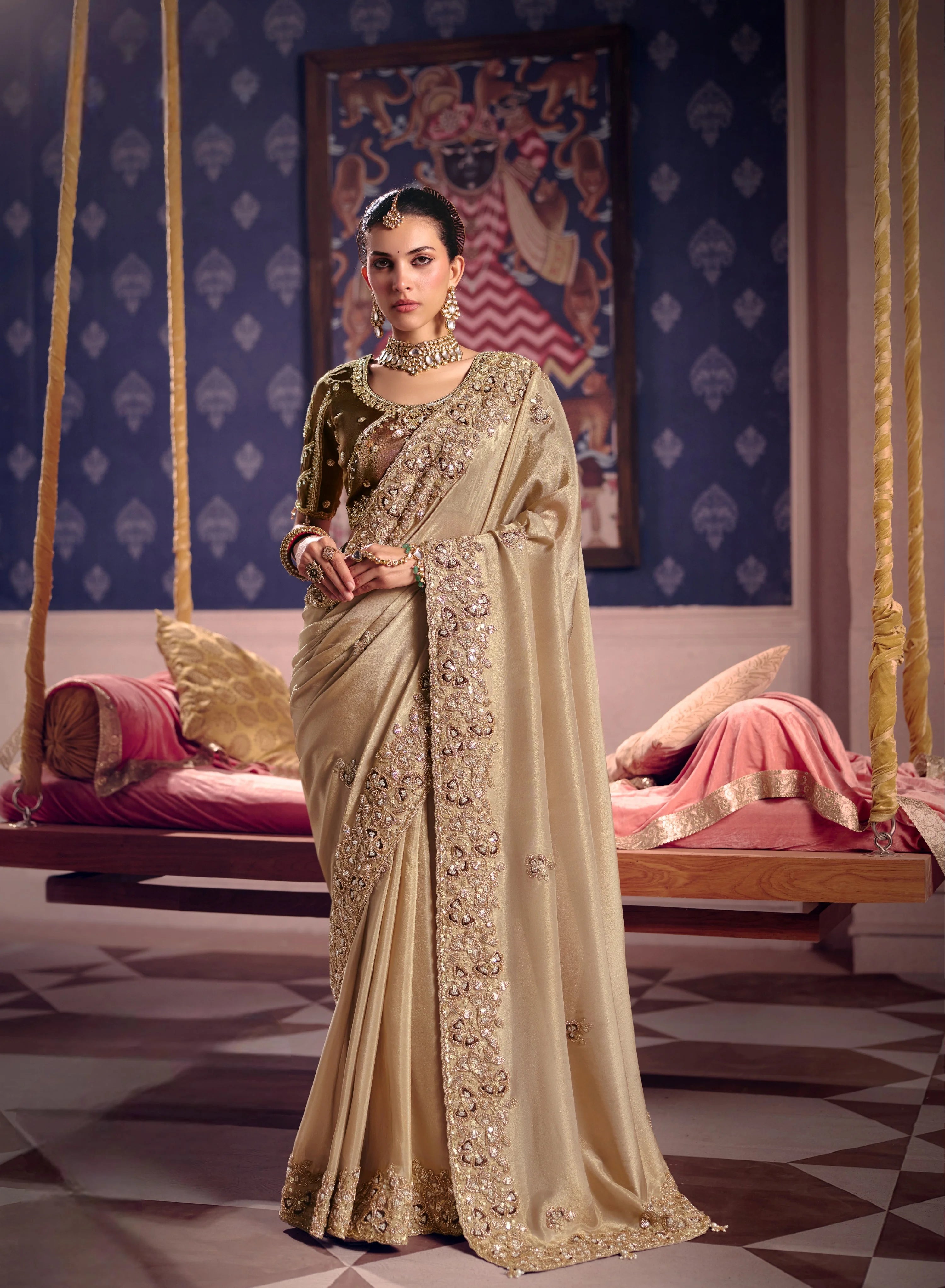 Viscose Zari Tissue Party Wear With Beads Work