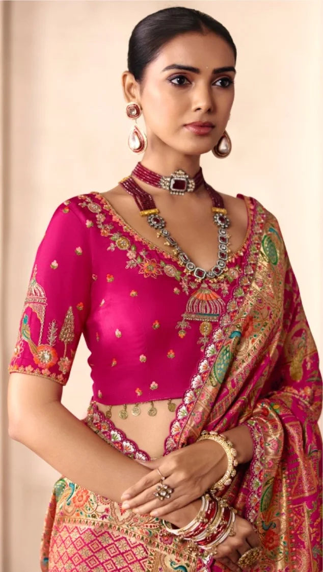 Dola Zari Silk Rani Pink Festival Wear Position Print Sarees