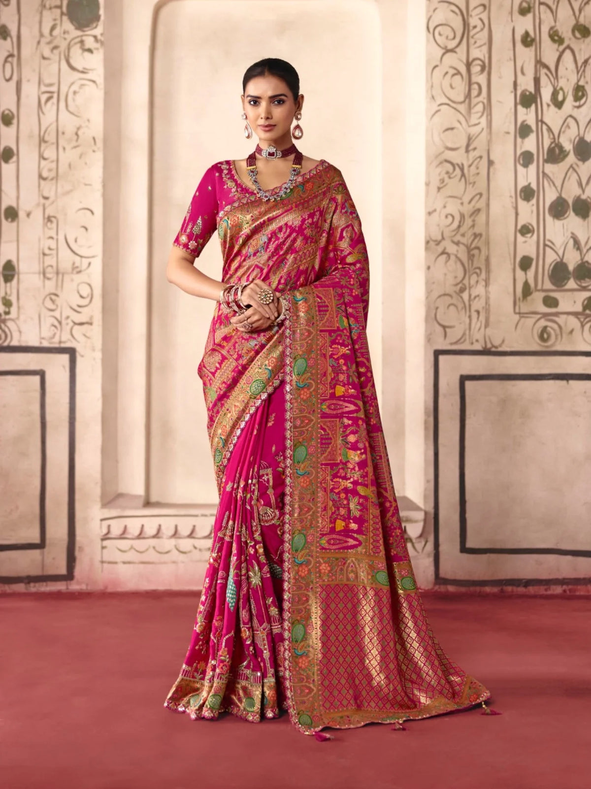 Dola Zari Silk Rani Pink Festival Wear Position Print Sarees