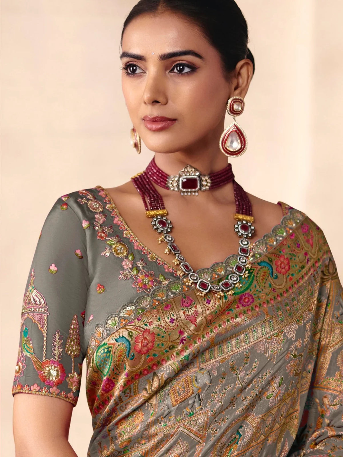 Dola Zari Silk Grey Festival Wear Position Print Sarees
