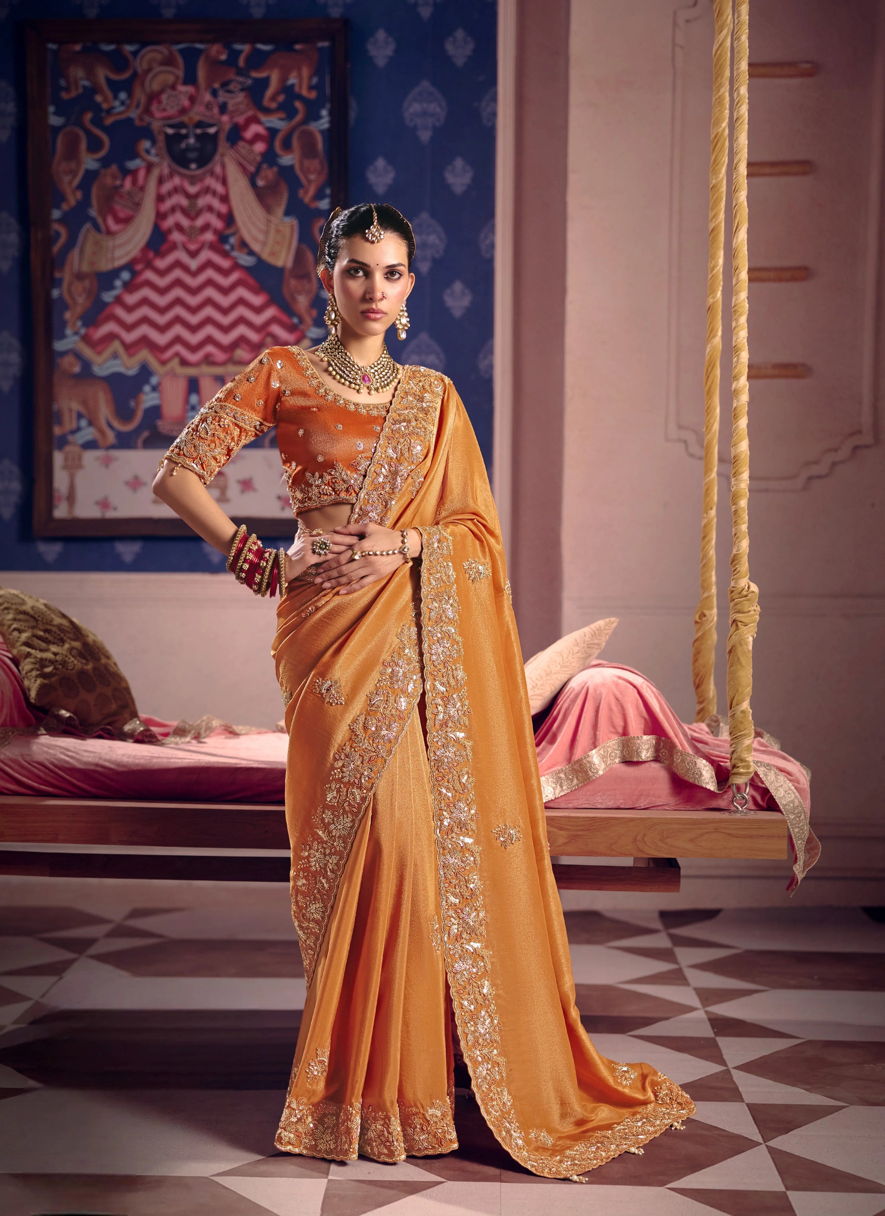 Viscose Zari Tissue Party Wear With Beads Work