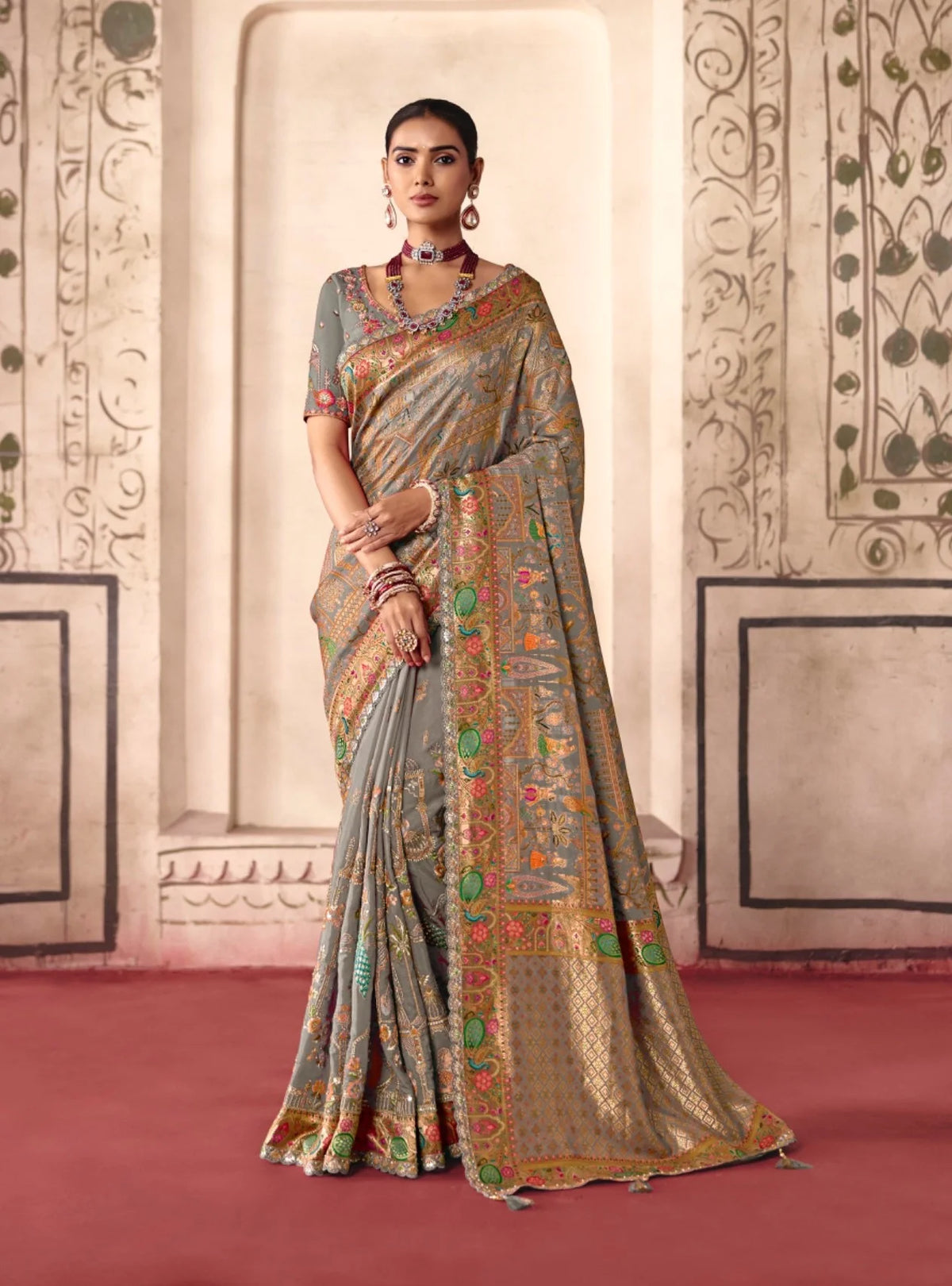 Dola Zari Silk Grey Festival Wear Position Print Sarees