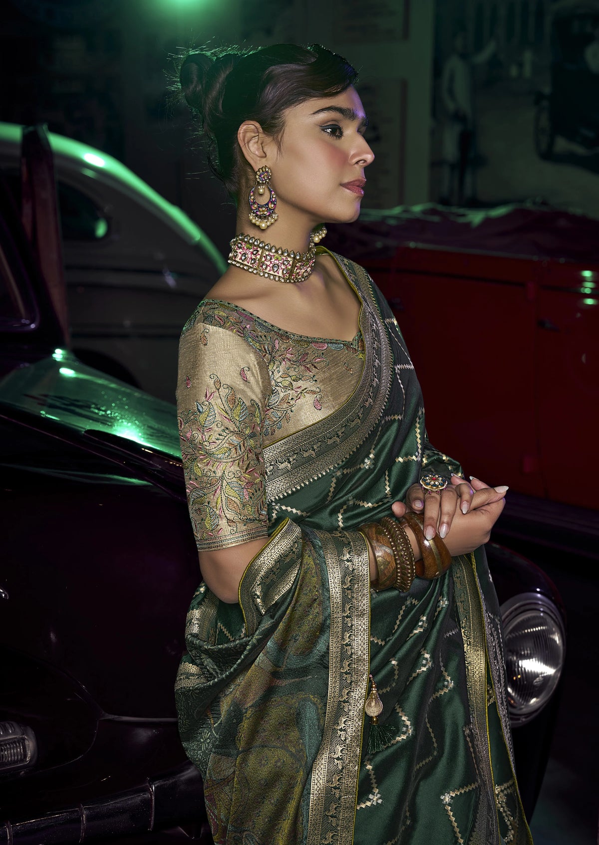 Viscose Silk Green Festival Wear 3D Weaved Pallu Sarees
