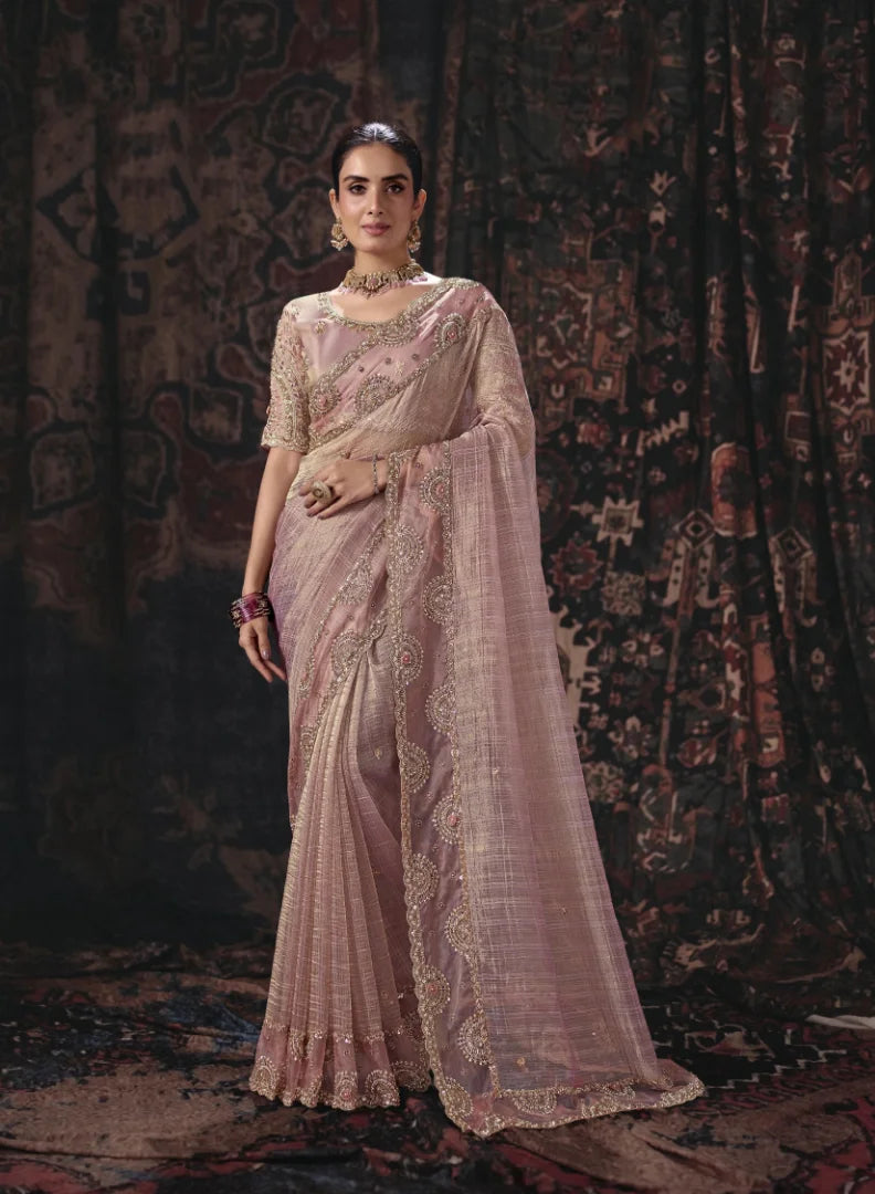 Lining Salsa Pink Party Wear Heavy Work Sarees