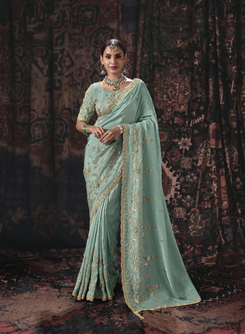 Pure Tissue Blue Party Wear Heavy Work Sarees