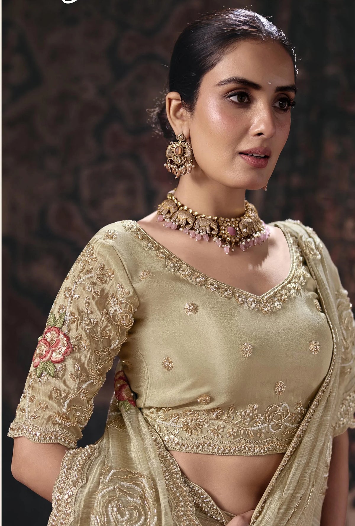 Lining Salsa Beige Party Wear Heavy Work Sarees