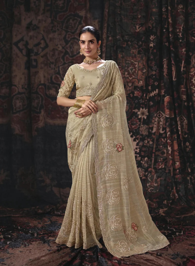 Lining Salsa Beige Party Wear Heavy Work Sarees