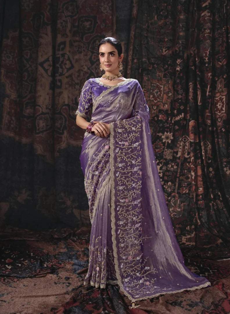 Salsa Purple Party Wear Heavy Work Sarees