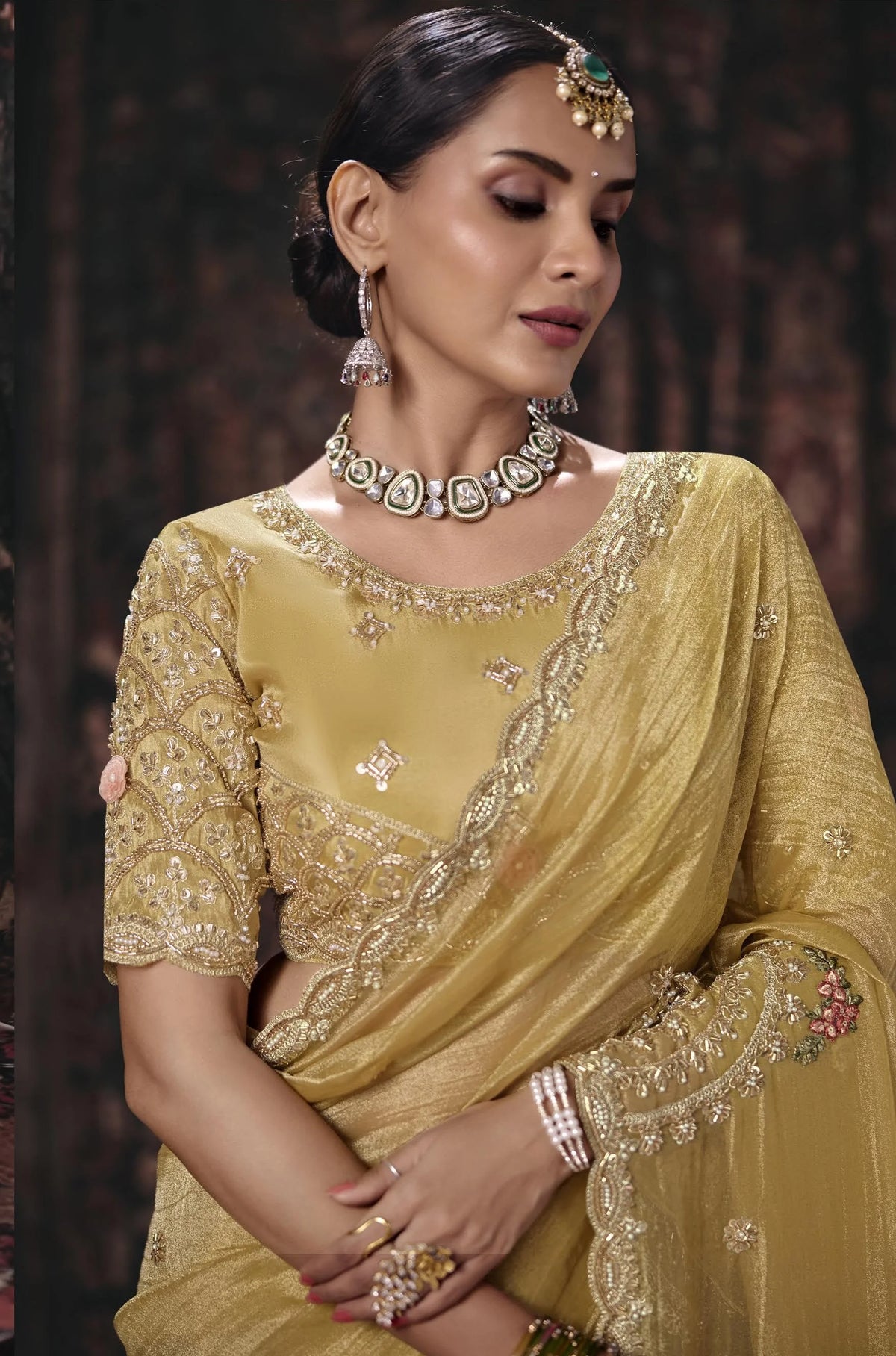 Salsa Yellow Party Wear Heavy Work Sarees