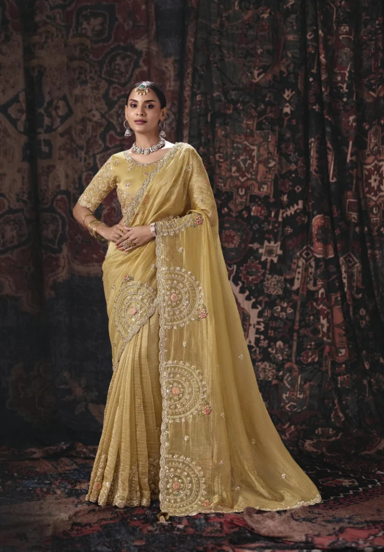 Salsa Yellow Party Wear Heavy Work Sarees