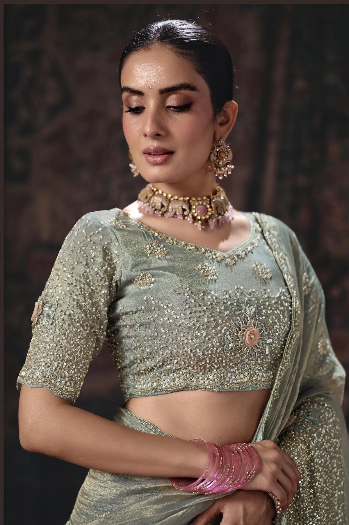 Salsa Grey Festive Wear Heavy Work Sarees