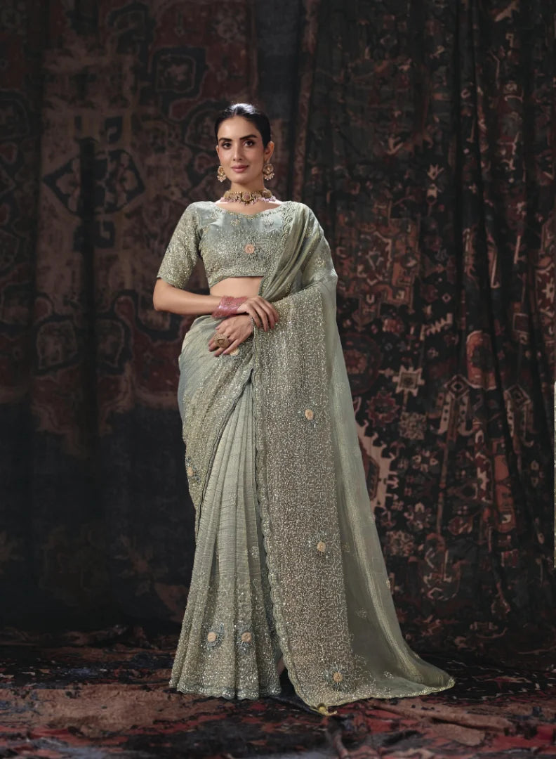 Salsa Grey Festive Wear Heavy Work Sarees