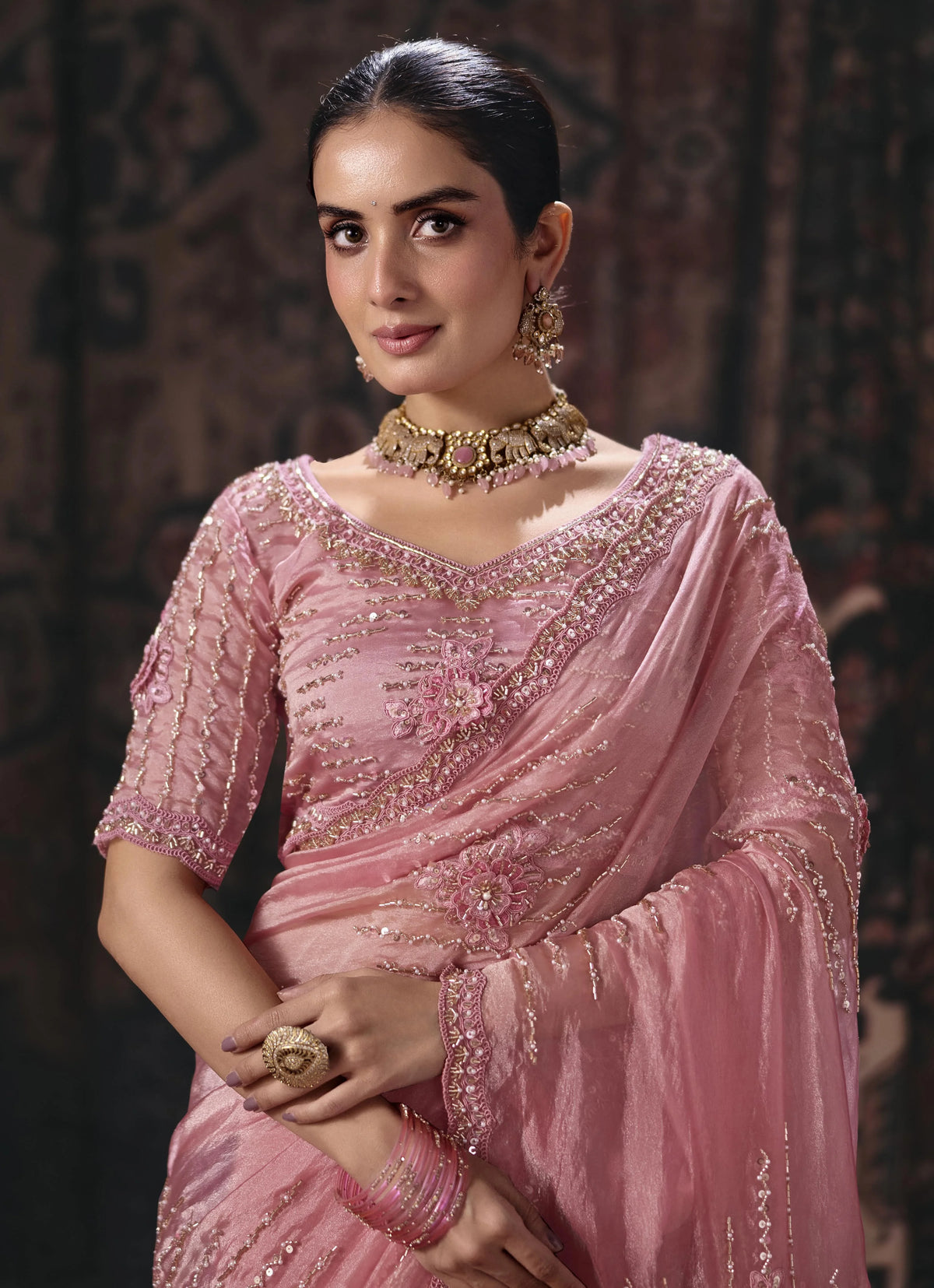Bala Silk Pink Festive Wear Heavy Work Sarees