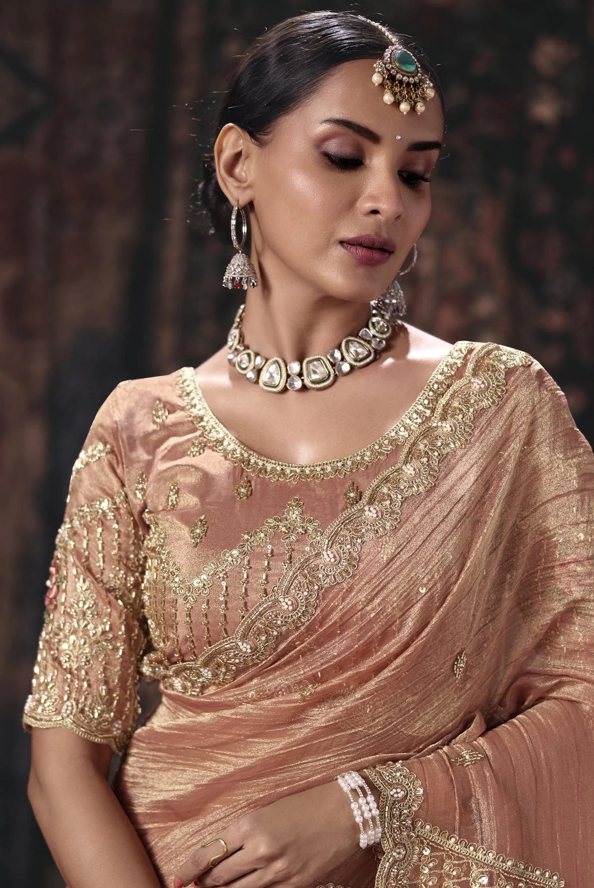 Salsa Peach Festive Wear Heavy Work Sarees